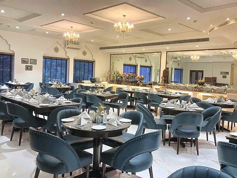 Mughal Court restaurant dining hall at Hotel Gold Palace & Resorts, Jaipur
